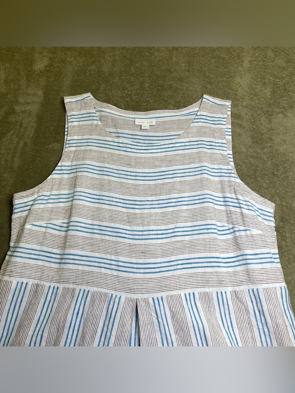 J. Jill Love Linen Womens Large Blue Tan Stripe Sleeveless Pocket Midi Dress